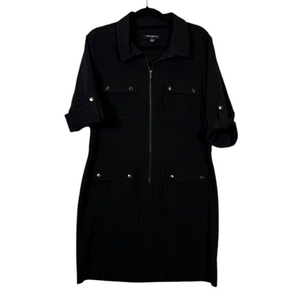Sharagano Black Dress Zip Front 4 Pocket‎ Roll Sleeve Size 14